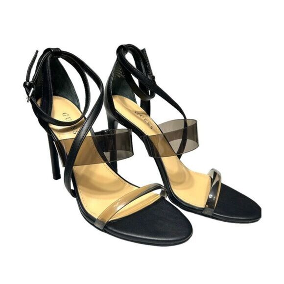 Guess 6.5 Felecia Black Stiletto Heels Clear Strap Ankle Buckle Dress Sandals - Picture 2 of 8